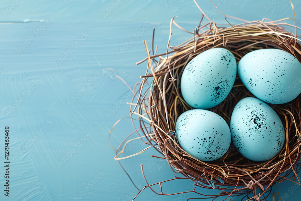 Obraz premium Bright and festive Easter banner with painted eggs in a nest. Pastel colors. Top view. For a festive greeting card. Seasonal design with a cheerful spring vibe..
