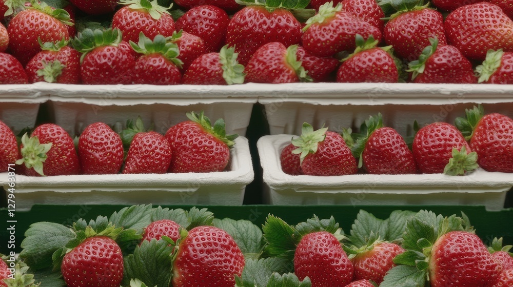 Fresh strawberries are arranged in large groups, highlighting their rich red color and green leaves, creating an inviting display. SEAMLESS PATTERN Fresh strawberries are arranged in large groups, highlighting their rich red color and green leaves, creating an inviting display. SEAMLESS PATTERN