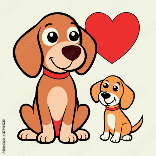 Children's illustration of two dogs, big and puppy, love and care, pets