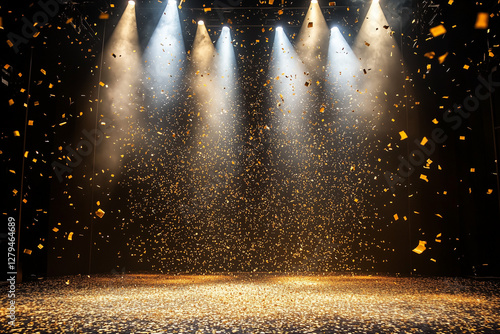 Golden confetti rain on a festive stage with light beams photo