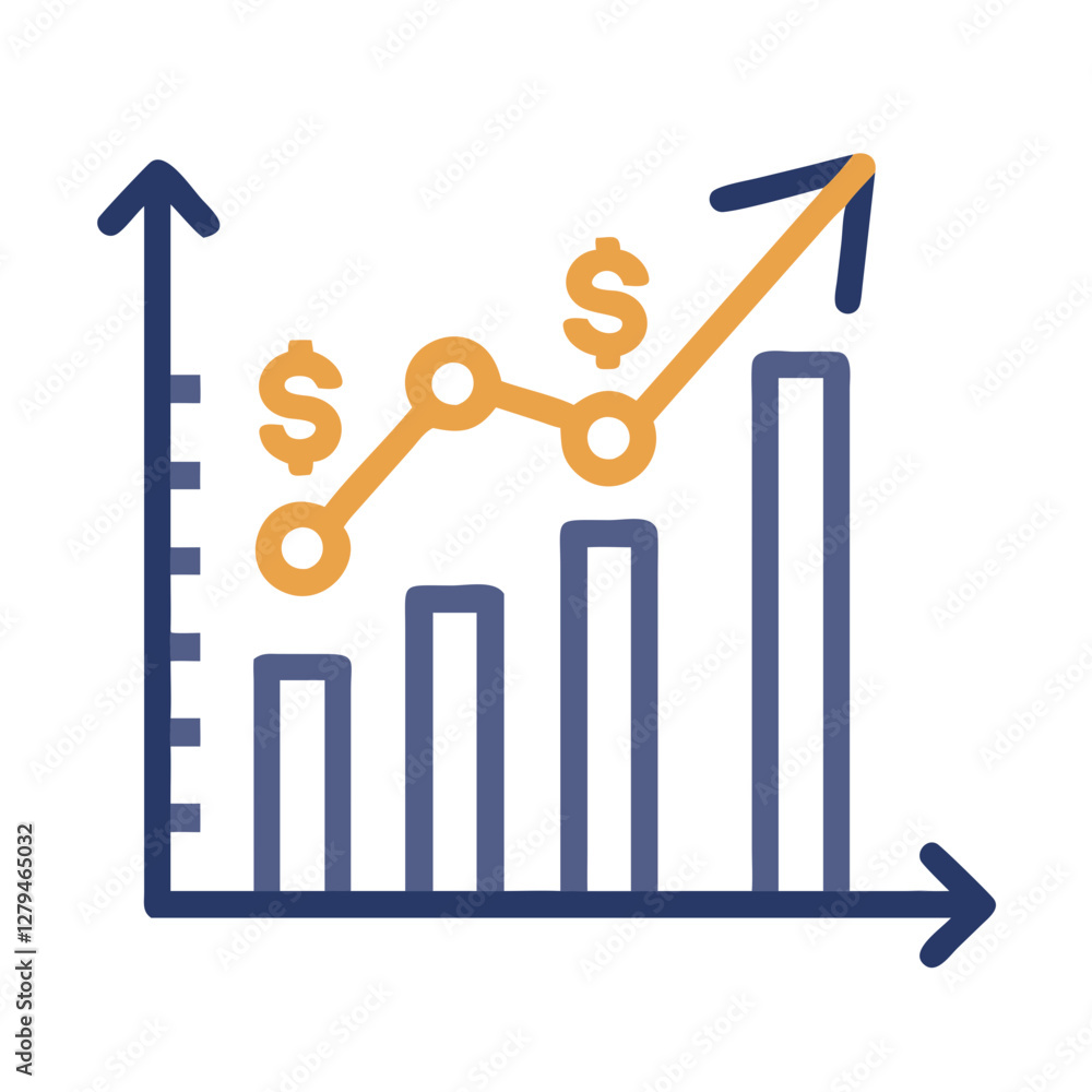 Chart illustrates significant growth in metrics over time with dollar signs indicating financial success Chart illustrates significant growth in metrics over time with dollar signs indicating financial success