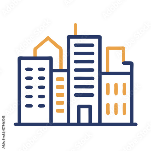 Urban skyline vector icon featuring modern buildings and distinct architectural elements in a minimalist design
