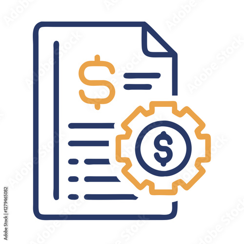 Cost analysis icon with financial document and gear symbolizing budgeting and resource management