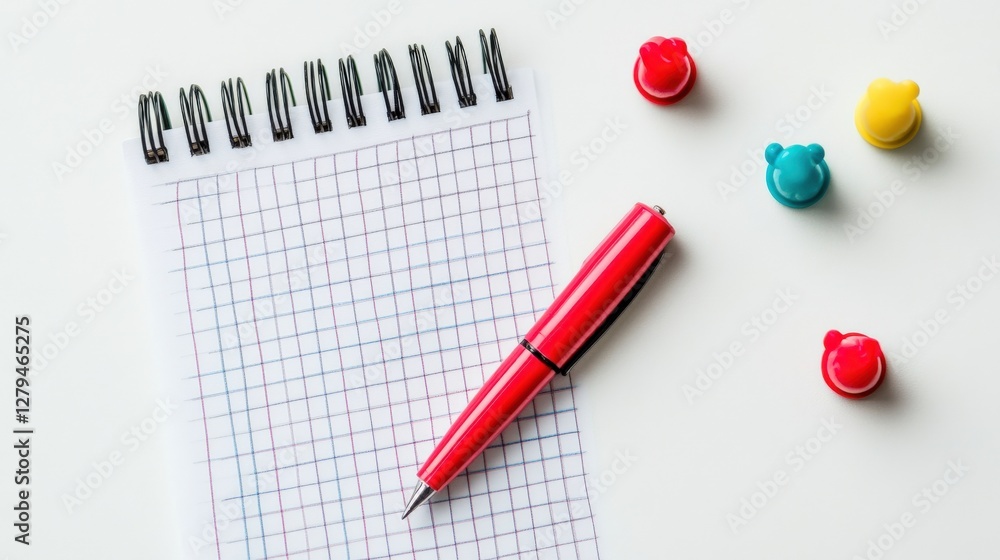 A vibrant red pen resting on a blank grid notepad surrounded by colorful paper clips A vibrant red pen resting on a blank grid notepad surrounded by colorful paper clips