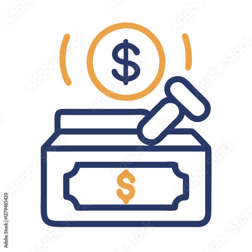 Money donation icon depicting a hammer striking a coin over a donation box, representing charitable giving and fundraising activities