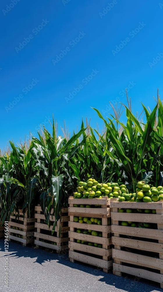 Stacked wooden pallets and fruit boxes create a rustic display against vibrant cornfields under a clear blue sky