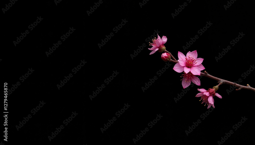 Obraz premium Delicate pink blossoms on a black branch, symbol of spring's renewal