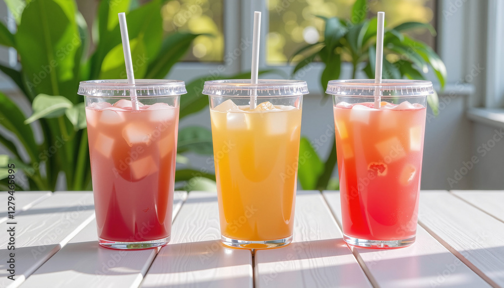 Refreshing drinks in clear cups on white table, summer vibe Refreshing drinks in clear cups on white table, summer vibe