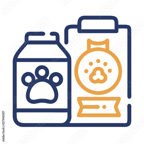 Pet supplies icon featuring a food jar and kibble bag designed in a modern vector style