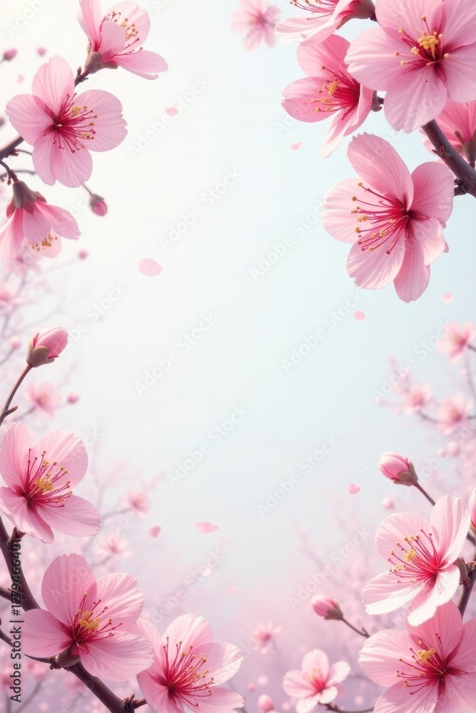 Delicate pink cherry blossoms frame a spring art border , elegant, vibrant Delicate pink cherry blossoms frame a spring art border , elegant, vibrant