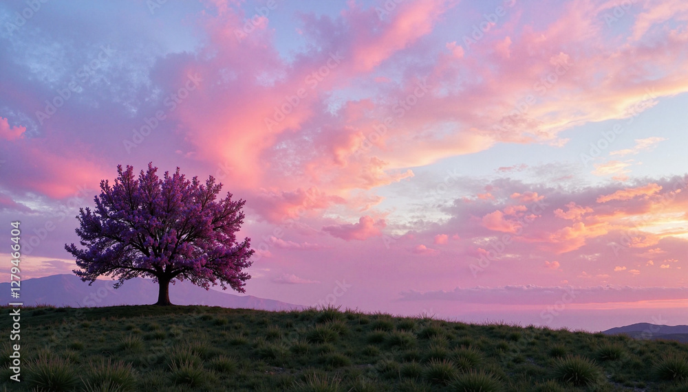 Lone blooming shrub against pastel dawn sky, nature's serenity Lone blooming shrub against pastel dawn sky, nature's serenity