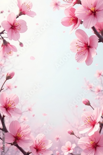 Delicate pink cherry blossoms frame a spring art border , elegant, vibrant