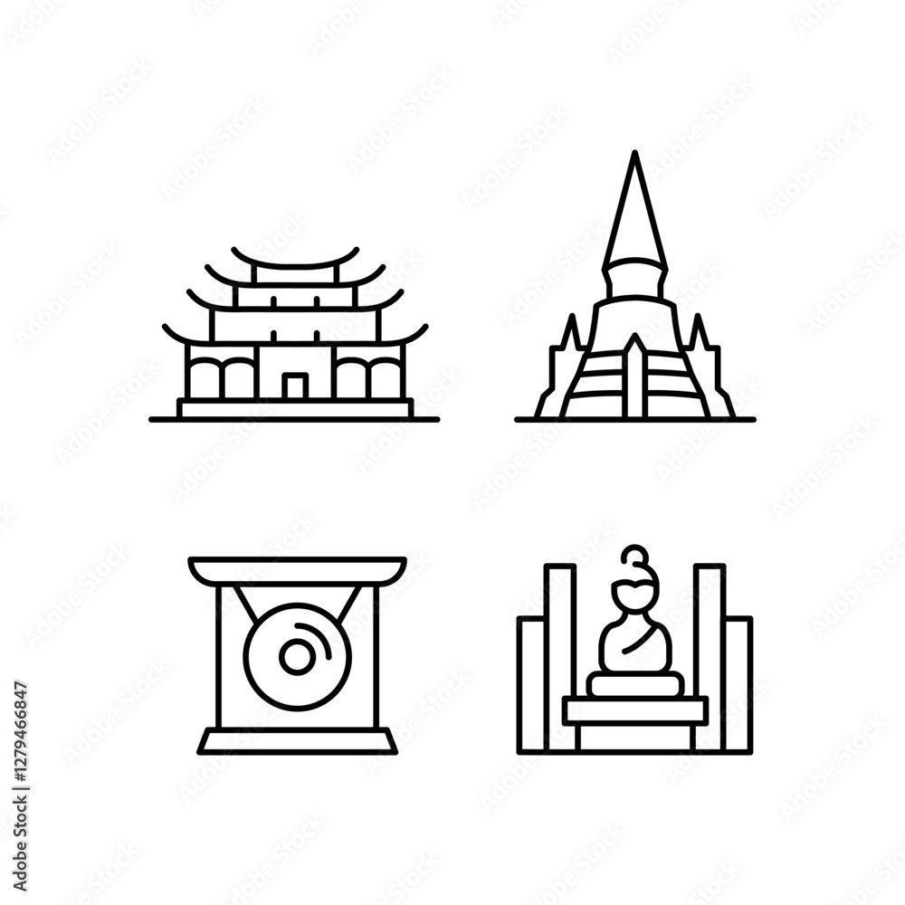 Buddhism icons. Set of 4 Buddhism-themed trendy minimal icons. Buddha, Lotus, Temple icon. Design signs for web page, mobile app, packaging design. Vector illustration Buddhism icons. Set of 4 Buddhism-themed trendy minimal icons. Buddha, Lotus, Temple icon. Design signs for web page, mobile app, packaging design. Vector illustration
