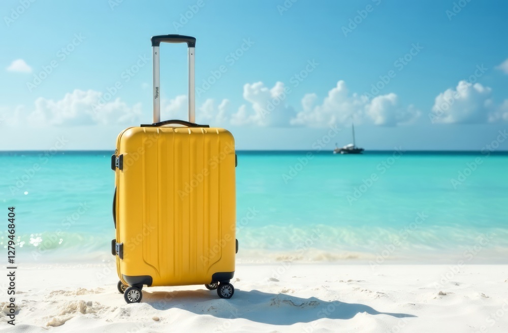yellow bright suitcase on the beach against the background of the sea coast with snow-white sand and blue water yellow bright suitcase on the beach against the background of the sea coast with snow-white sand and blue water