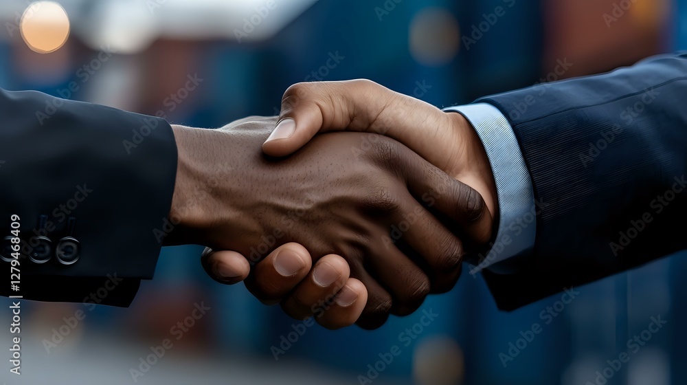 Professional business handshake between African American and Caucasian male executives in suits, symbolizing partnership and agreement, with blurred background. Professional business handshake between African American and Caucasian male executives in suits, symbolizing partnership and agreement, with blurred background.