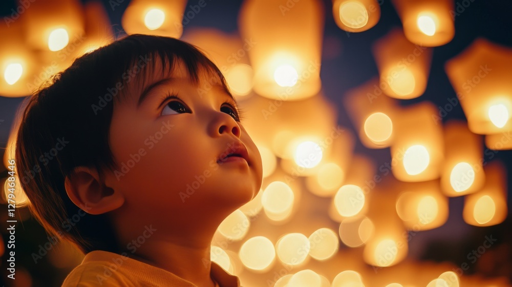 Child gazing at sky lanterns, nighttime festival, joyful expression, potential use in social media campaigns, travel promotion Child gazing at sky lanterns, nighttime festival, joyful expression, potential use in social media campaigns, travel promotion