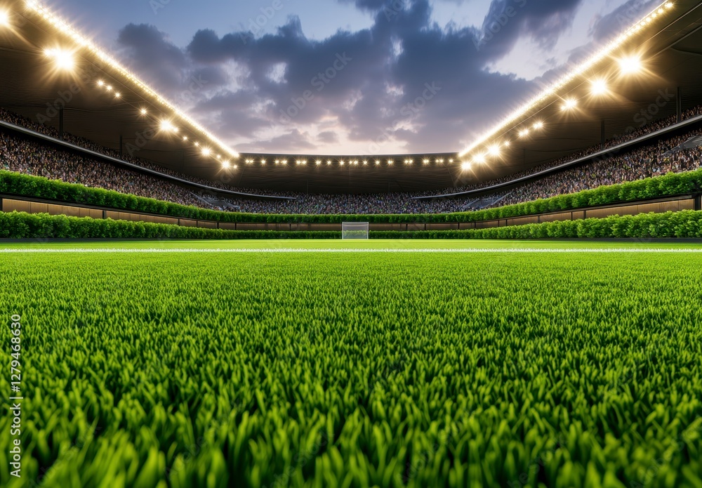 Fototapeta premium Night Soccer Game Lush Green Field Under Stadium Lights