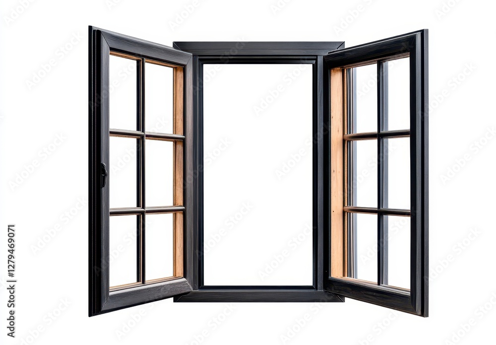 Fototapeta premium Open Weathered Dark Gray Window Panes on White Background