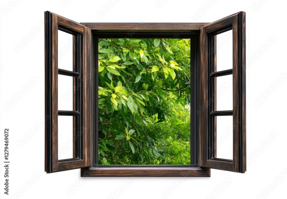 Obraz premium Open Dark Brown Wooden Window with Lush Green Foliage View
