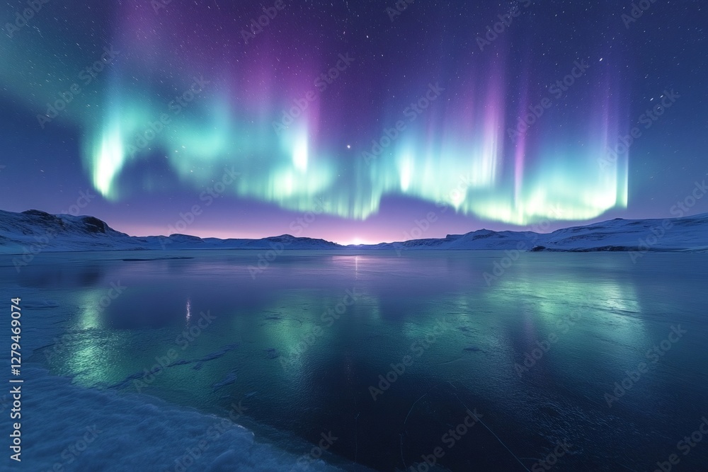 Northern lights illuminating frozen lake at twilight over snowy mountain range Northern lights illuminating frozen lake at twilight over snowy mountain range