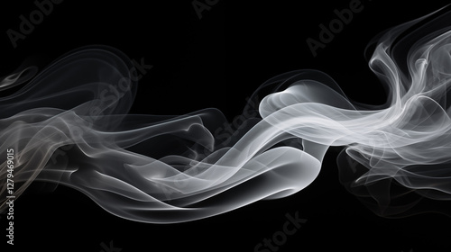 Vague de fumée blanche sur fond noir. Effet flou, vague en mouvement. Arrière-plan pour conception et création graphique, bannière.