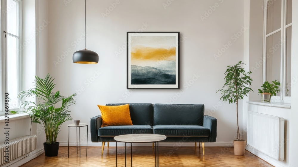 Modern Living Room with Artwork and Greenery in Cozy Atmosphere Modern Living Room with Artwork and Greenery in Cozy Atmosphere