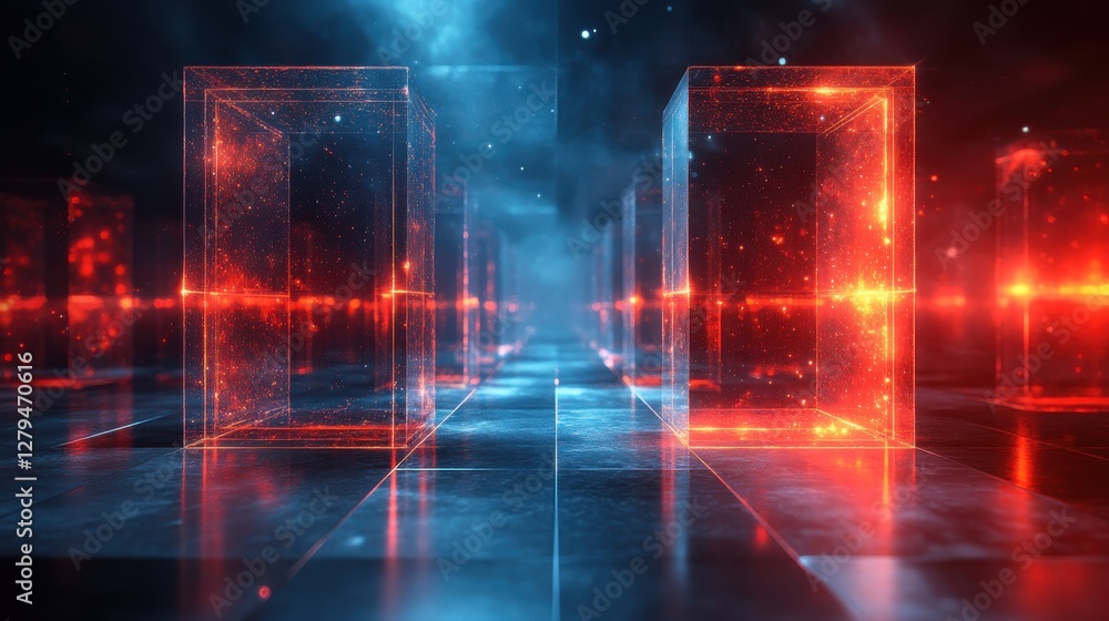 Obraz premium Futuristic Abstract Digital Landscape with Glowing Structures and Lights