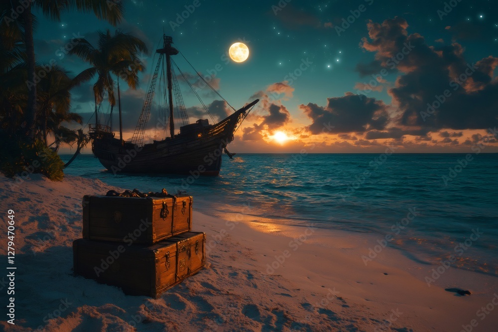 Naklejka premium Treasure chests on beach with pirate ship at sunset and full moon