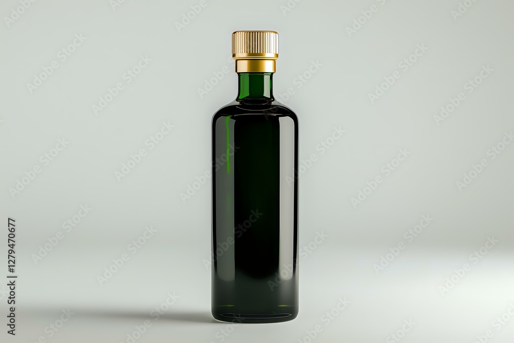 Dark green glass bottle with golden cap on light gray background, minimalist product photography for beverage, oil or cosmetic packaging design. Dark green glass bottle with golden cap on light gray background, minimalist product photography for beverage, oil or cosmetic packaging design.