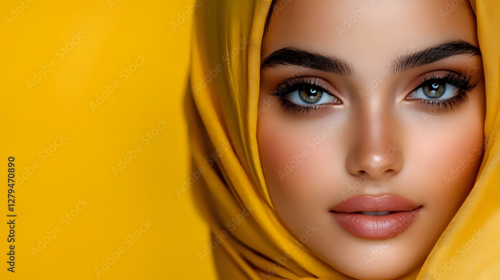 Young Middle Eastern woman wearing yellow hijab against vibrant yellow background, with flawless makeup and striking blue eyes looking at camera. Professional beauty portrait. Young Middle Eastern woman wearing yellow hijab against vibrant yellow background, with flawless makeup and striking blue eyes looking at camera. Professional beauty portrait.