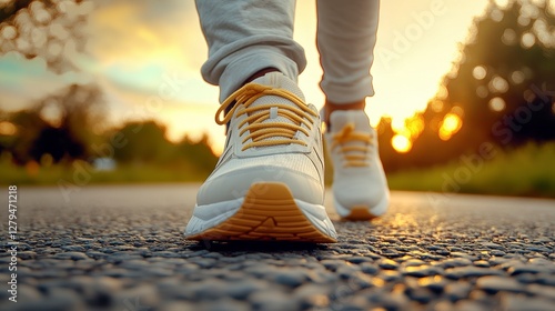 Person Walking on Road at Sunset in Athletic Shoes