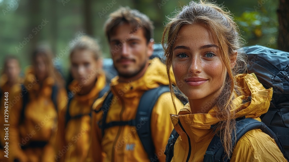 Group of hikers hiking through the forest with backpacks on Group of hikers hiking through the forest with backpacks on