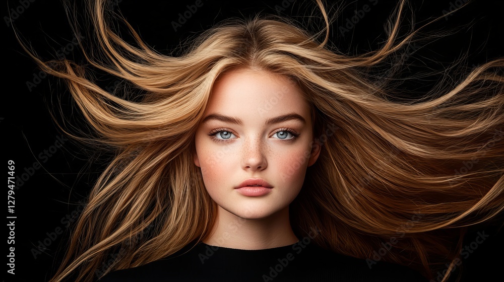 Obraz premium A young woman with long, flowing blonde hair against a dark background. Her beauty shines through in this captivating portrait.