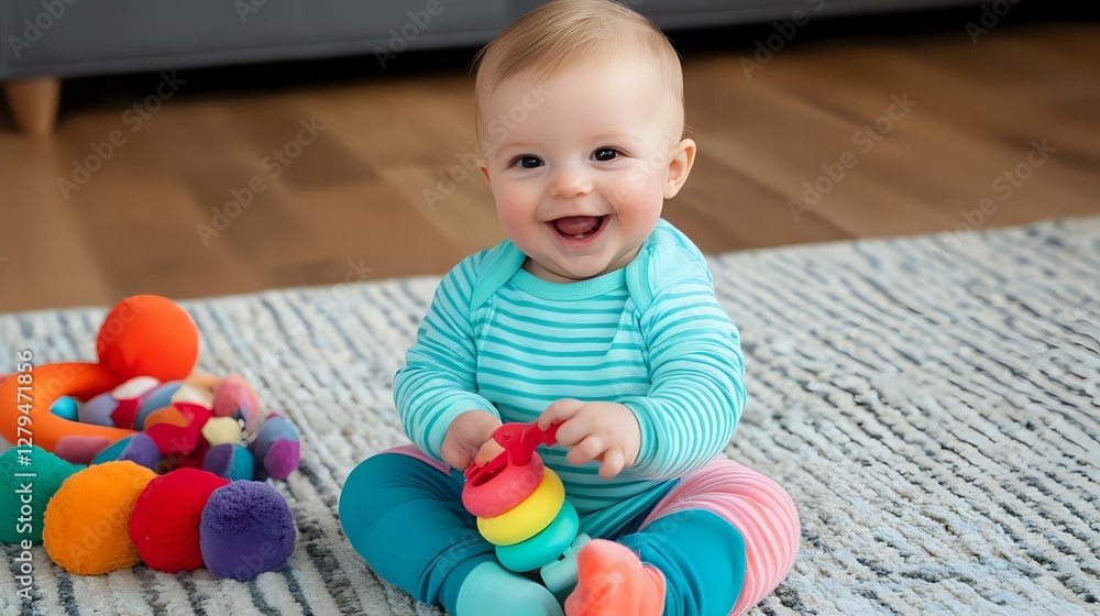 Obraz premium Happy Caucasian baby in turquoise striped outfit playing with colorful stacking toys on carpet, showing developmental milestones through engaging with educational toys.