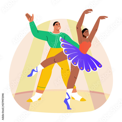 Couple dancers performing on stage, flat style illustration