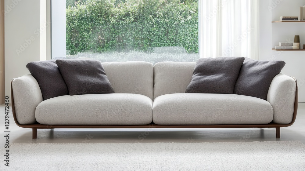 Modern minimalist sofa with gray cushions in bright living space Modern minimalist sofa with gray cushions in bright living space