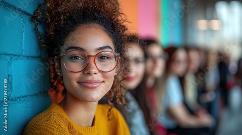 Woman leaning on wall, friends blurred, colorful background, group portrait, diverse team