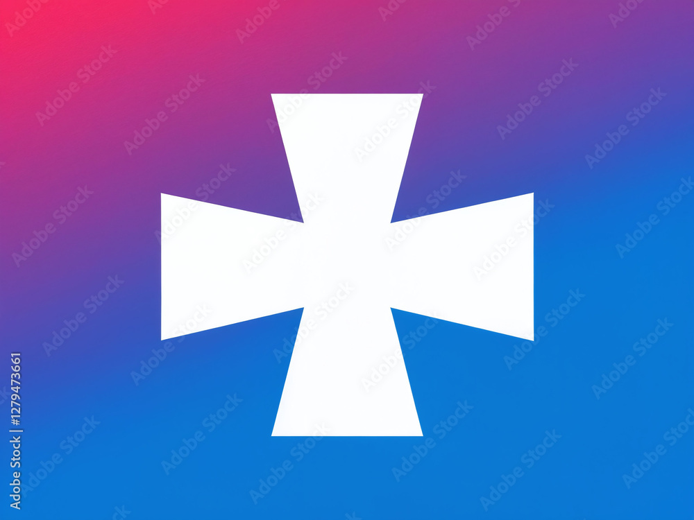 Obraz premium Simple white cross on a vibrant gradient background with blue and red tones, creating a striking visual contrast