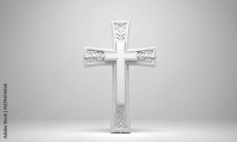 Naklejka premium White decorative cross standing on a neutral background, showcasing intricate designs and craftsmanship