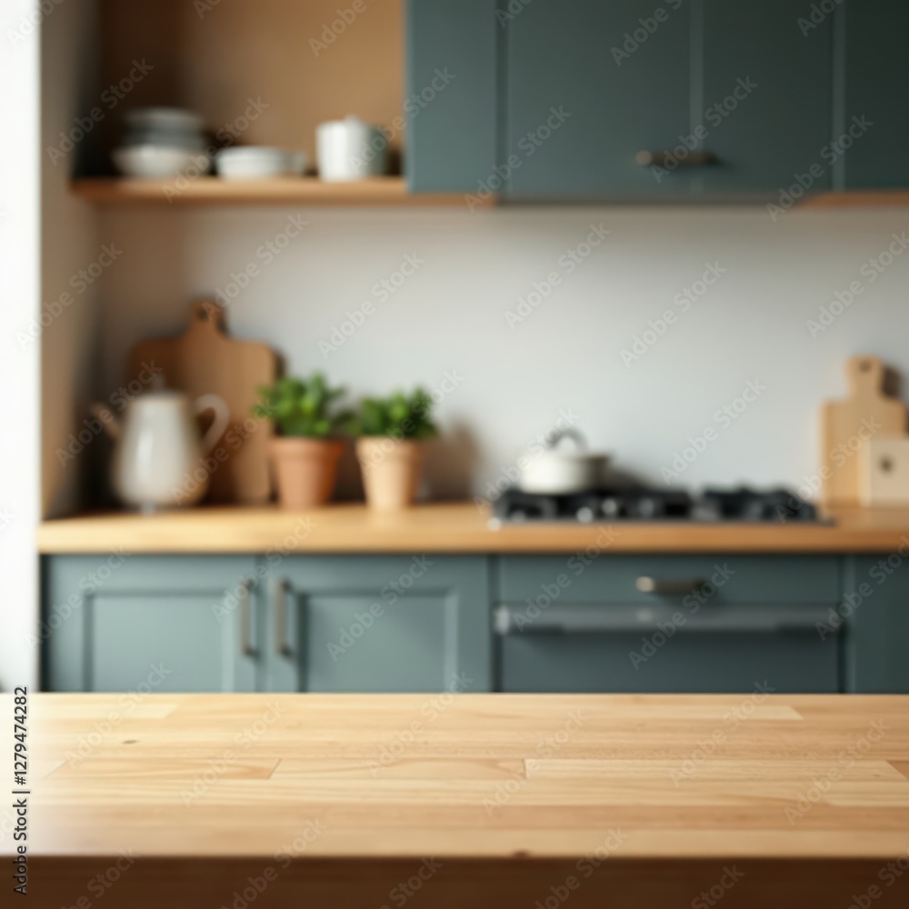 Fototapeta premium Clean empty tabletop, blurred kitchen background , texture, grey