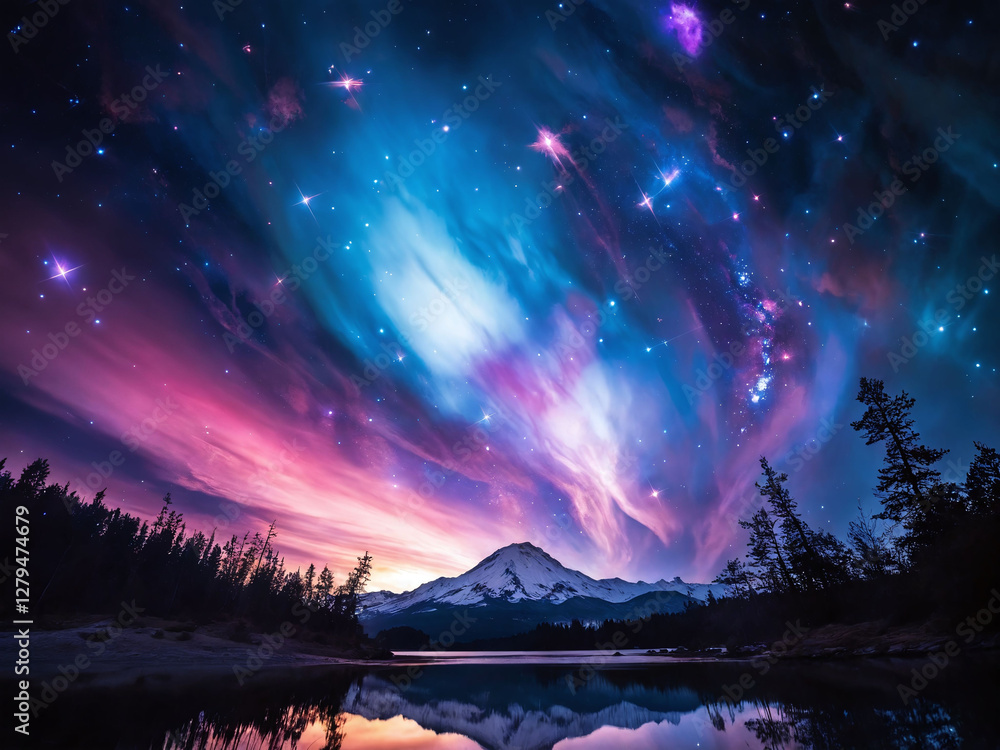 Fototapeta premium Majestic night sky displays vibrant colors above a serene mountain landscape at dusk
