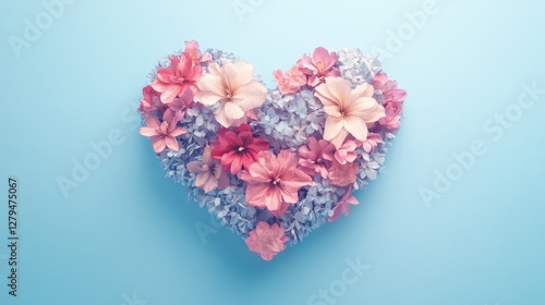 Heart-shaped floral arrangement with pink and blue flowers on light blue background