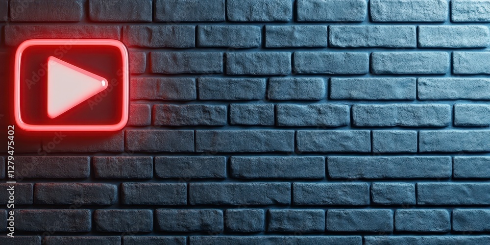 Red Neon Play Button on Dark Brick Wall Red Neon Play Button on Dark Brick Wall