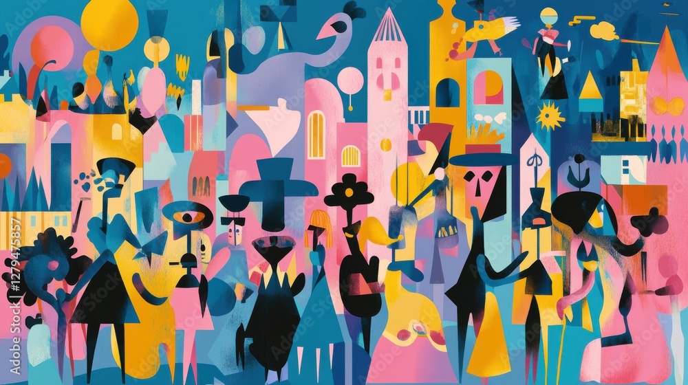 Obraz premium Colorful Abstract Illustration of People in Vibrant Urban Setting