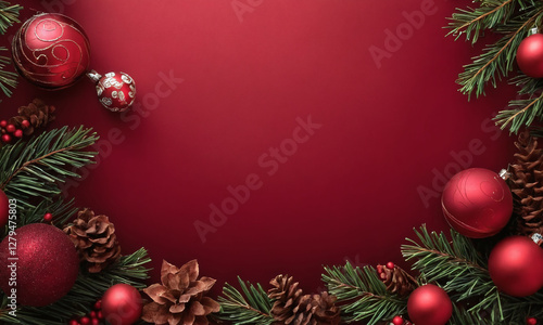 Wallpaper Mural Festive holiday decorations with red ornaments, pine branches, and pinecones on a vibrant red background Torontodigital.ca