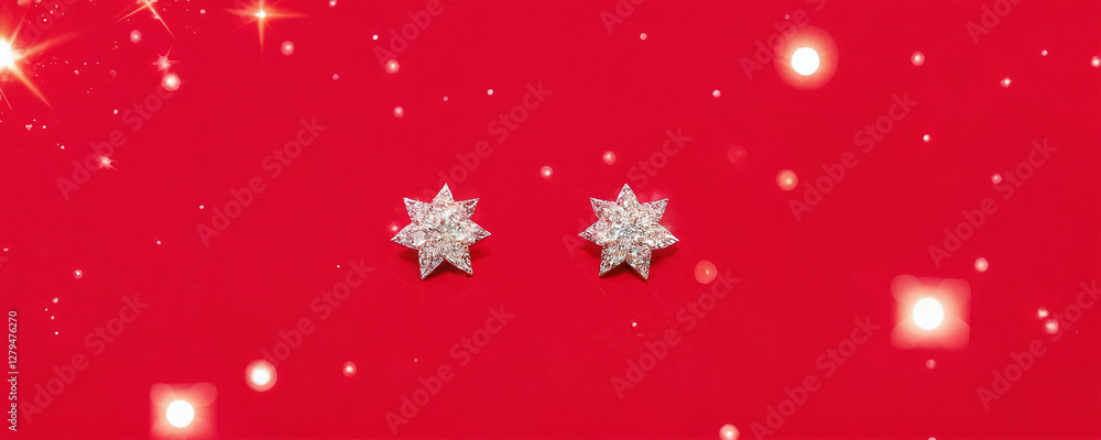 Stylish diamond star earrings displayed on a vibrant red background during a festive occasion Stylish diamond star earrings displayed on a vibrant red background during a festive occasion