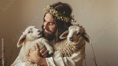 Jesus with kind lambs in his arms photo