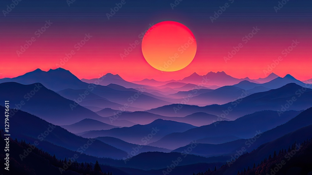 Obraz premium Sunset over layered purple mountains, large orange sun. Perfect for travel, nature, or serenity themes; evokes calm.