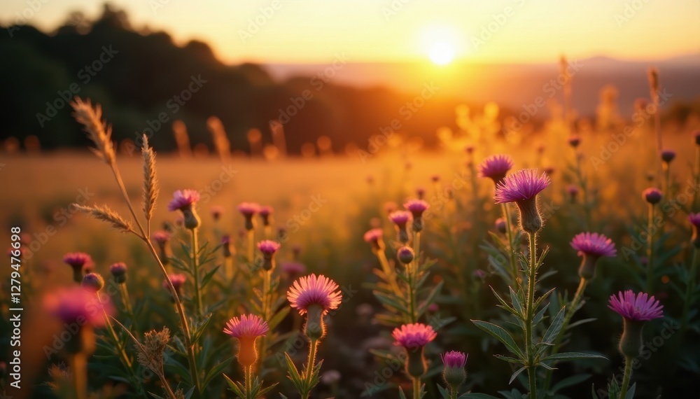 Obraz premium Golden hour illuminates flowering heather and grasses , bloom, meadow