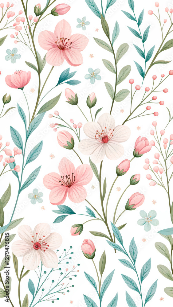 Seamless Floral Pattern With Pink And Green Leaves On A Light Background, Ideal For Fabric, Wallpaper, Stationery, And Spring-Themed Designs... Seamless Floral Pattern With Pink And Green Leaves On A Light Background, Ideal For Fabric, Wallpaper, Stationery, And Spring-Themed Designs...
